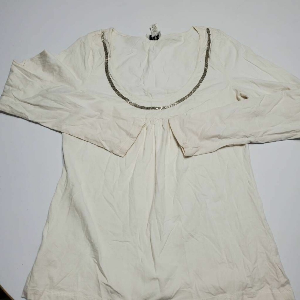 Ann Taylor Loft Womens Tunic Top White Long Sleeve Scoop Neck Embellished M